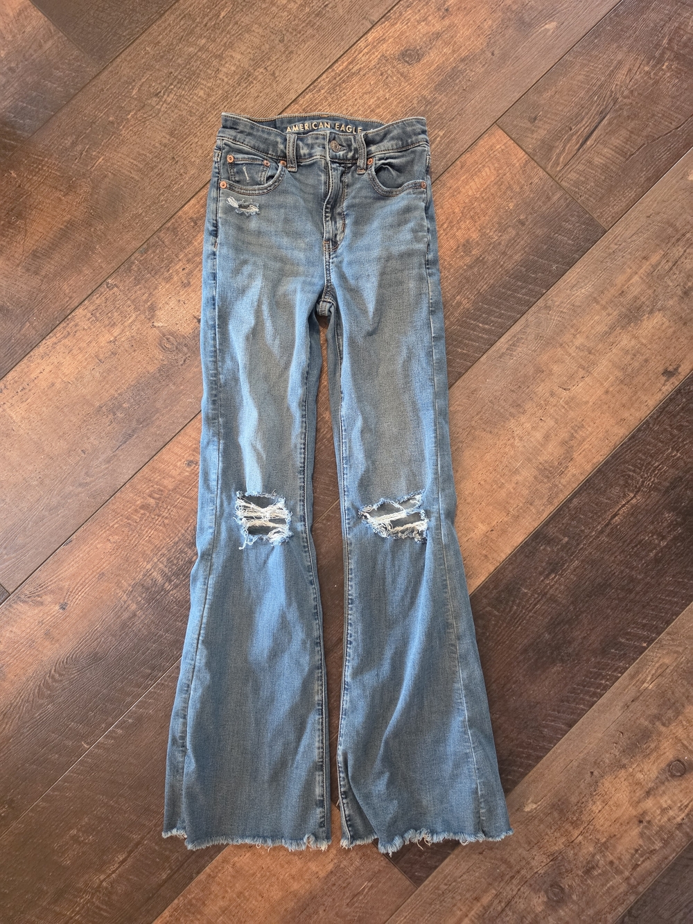 American Eagle Size 00 Distressed High Rise Flare Jeans Raw Hem